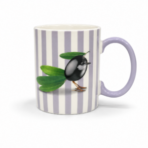 Tazza mug a righe grige e bianche con decorazione oliva