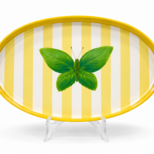 Vassoio decorativo svuotatasche a righe gialle e bianche con farfalla verde