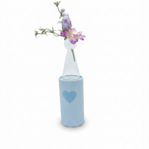 Vaso Monofiore in Vetro Cupido & Co. con Basamento Cilindrico Azzurro e Cuore